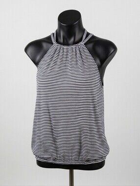 Max Studio Striped Halter Tank Top Bubble Hem Sz L NWT Rayon Black White